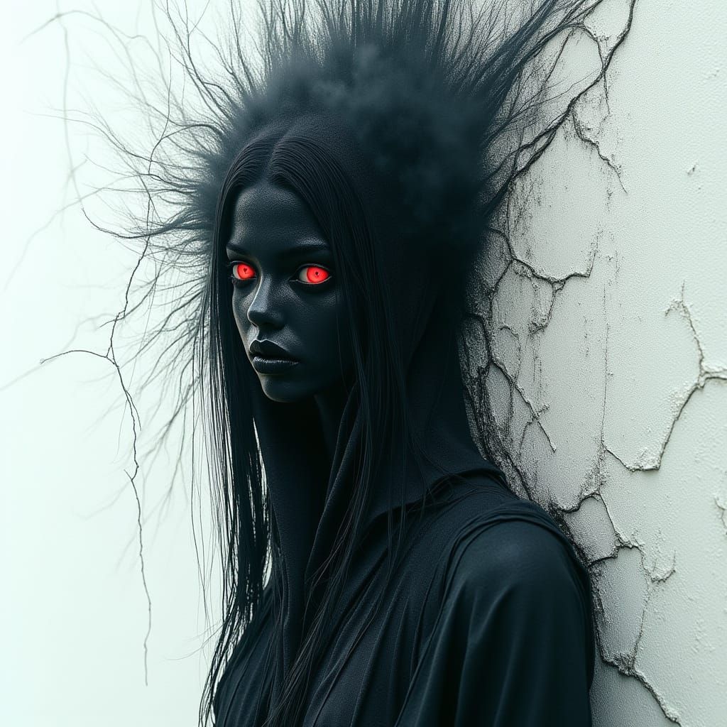 Shadow Woman Emerges From Cracked Wall in Dark Fantasy Art
