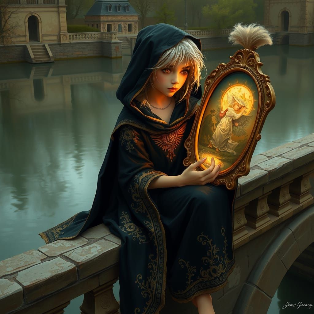 Fairy with Mirror on Bridge as Oil Painting