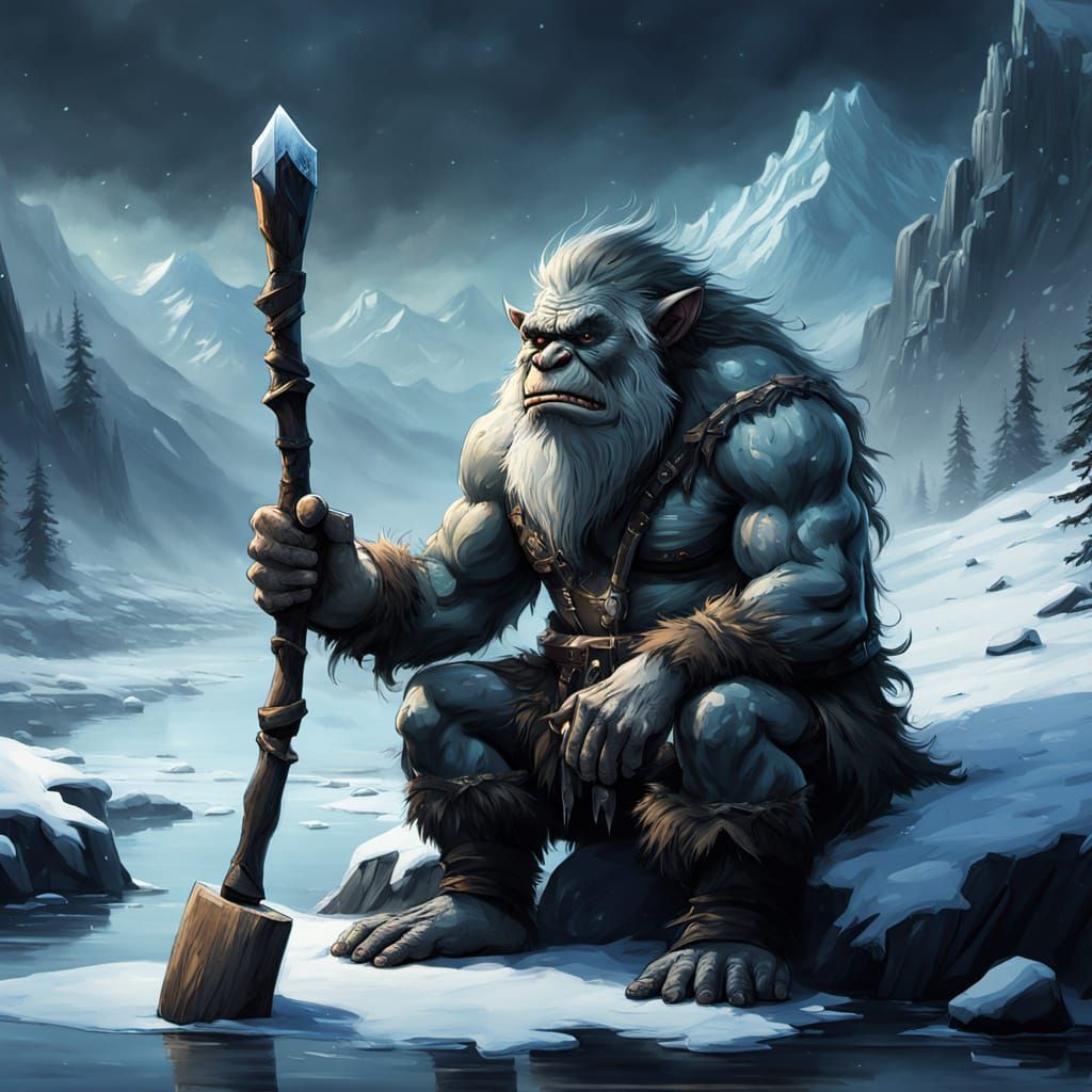 Nordic Troll by Frozen River, Fantasy Illustration