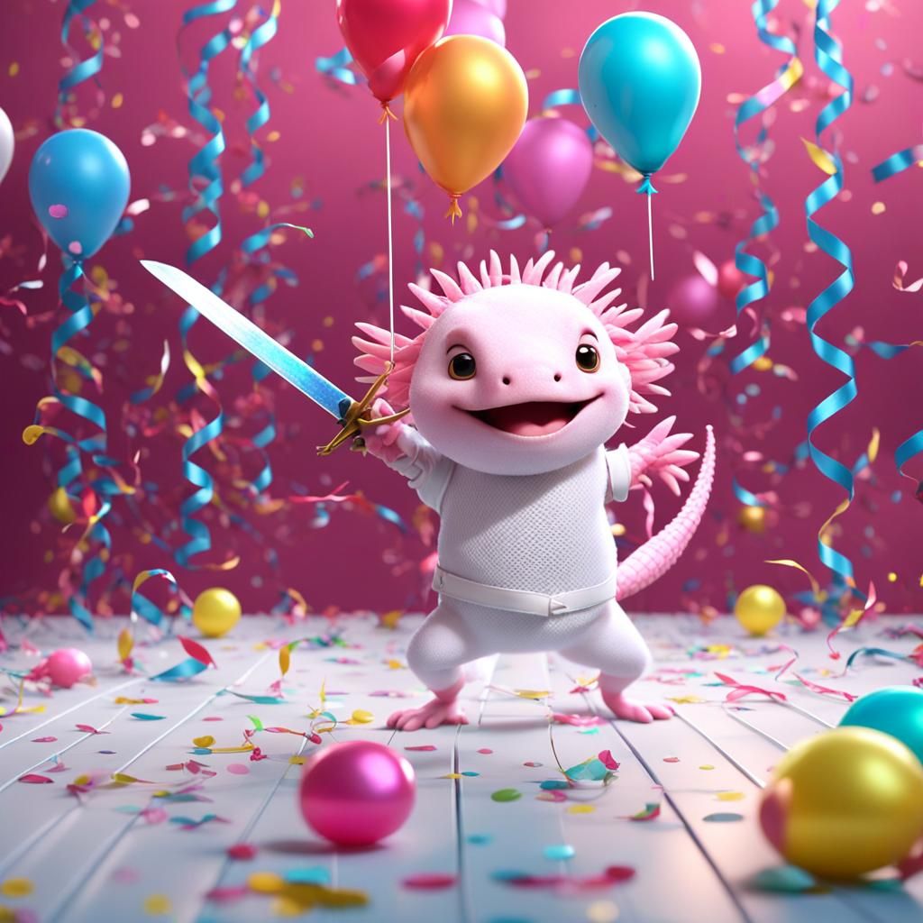 Pink Axolotl Fencing in Pixar Style