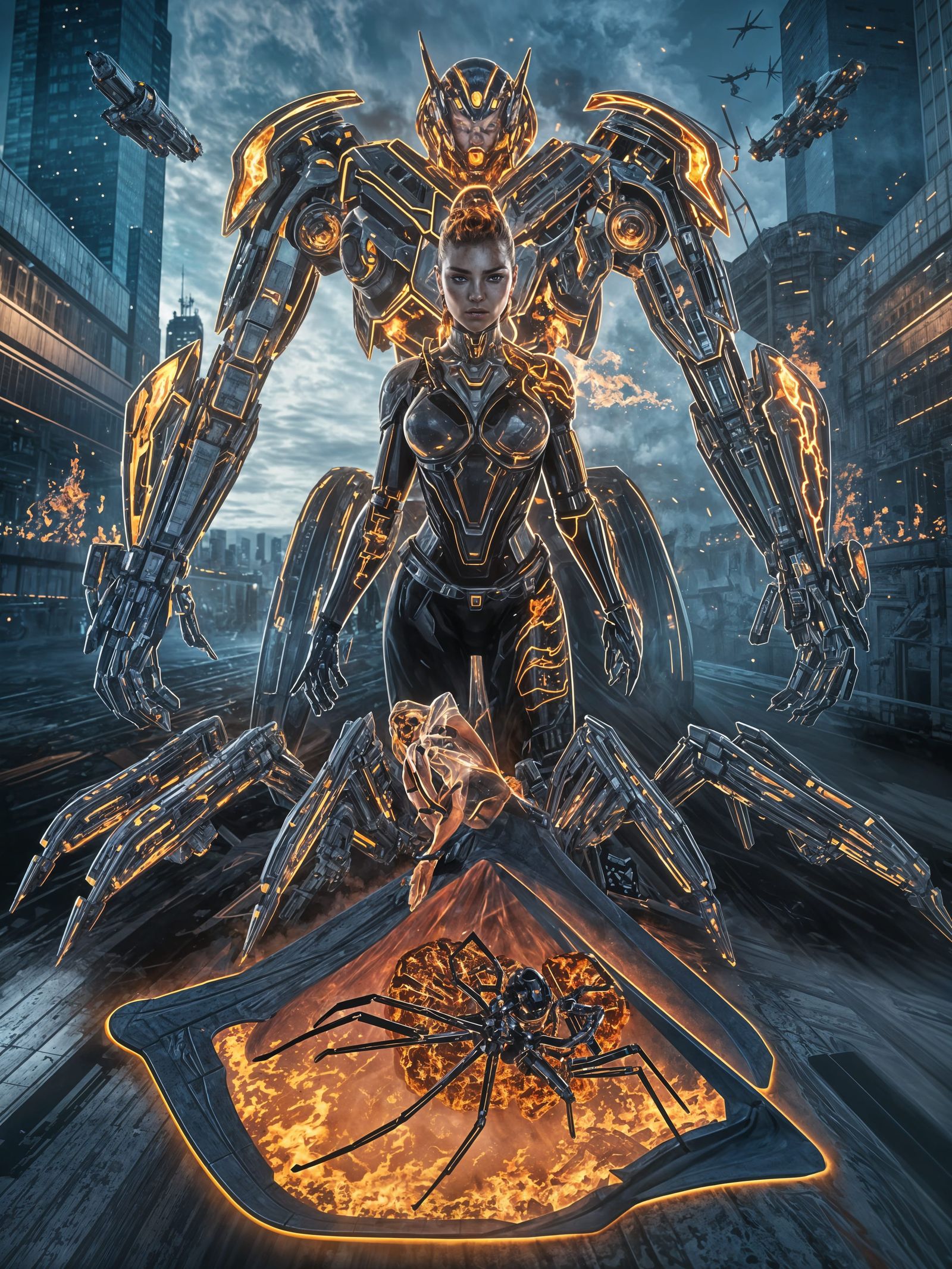 Sci-Fi Double Exposure: Flame Attire and Mecha Robot