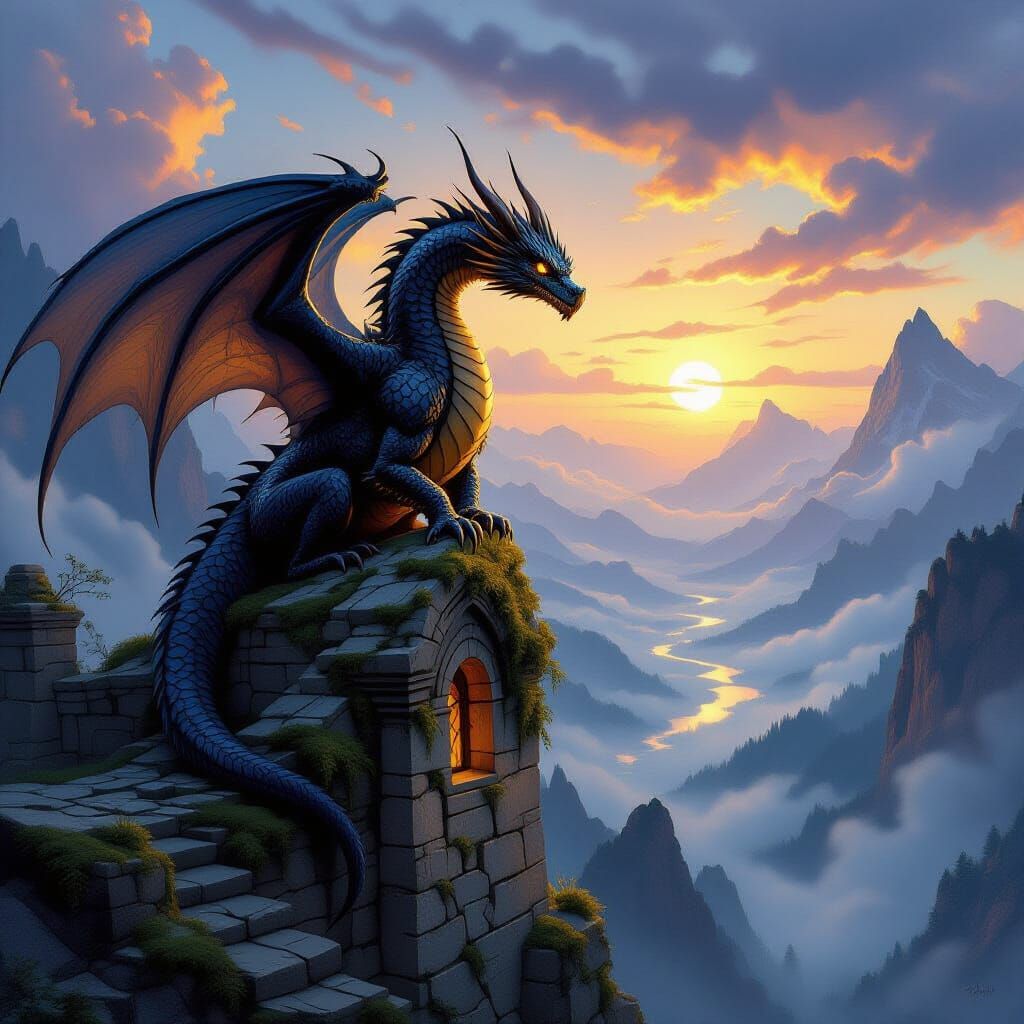 Ancient Dragon on Ruin Overlooking Misty Valley