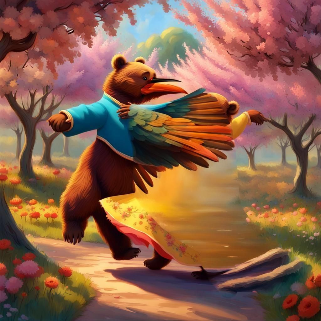 Bears Dancing in Orchard, 3D Digital Art