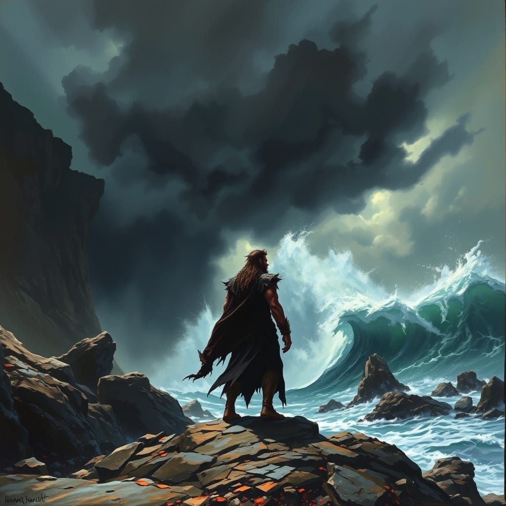 Druid Summons Tempest on Stormy Shore: Dark Fantasy Art