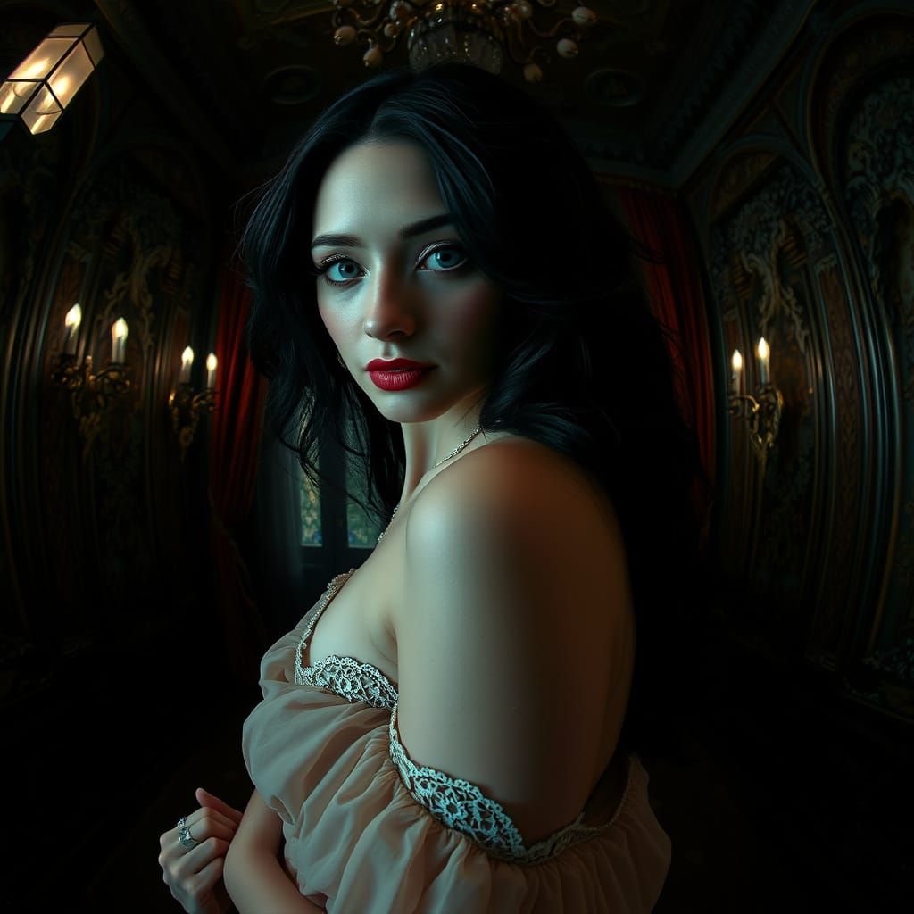 Elegant Siren in a Gothic Chamber