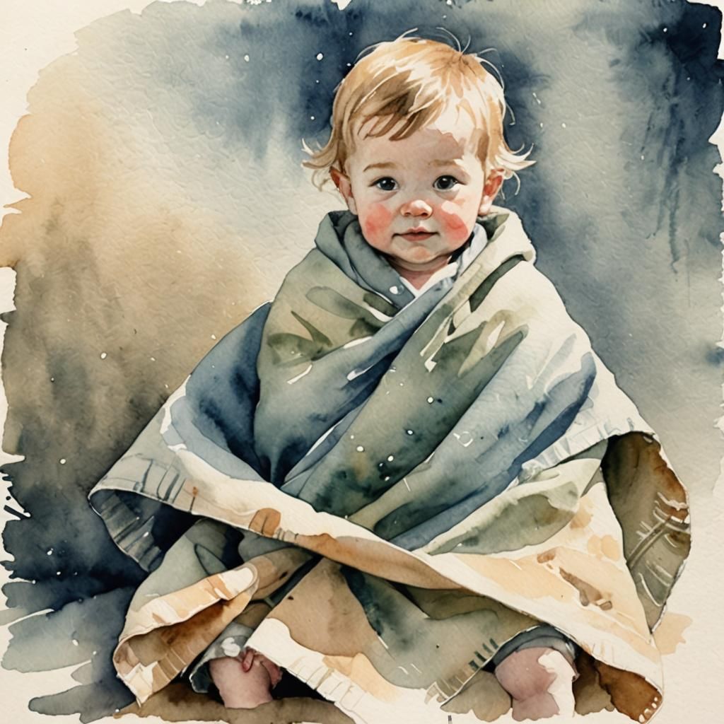 Toddler Holds a Cozy Blanket in Soft Washed-Out Watercolor