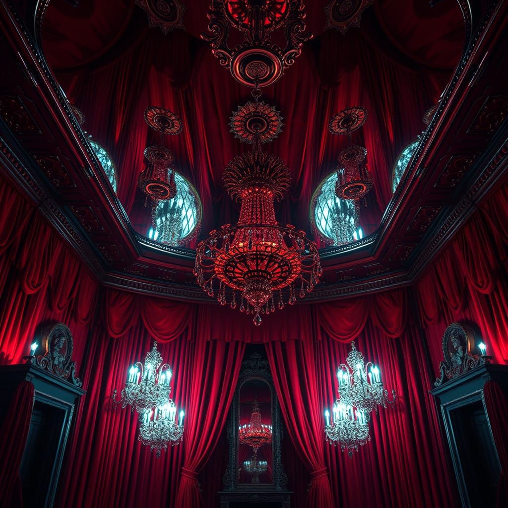 Opulent Crimson Boudoir with Mirrored Ceiling in Cyberpunk S...