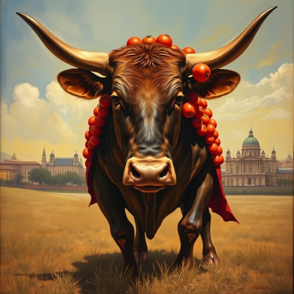 Tomato Cape Bull in Spanish Field, Oil Painting