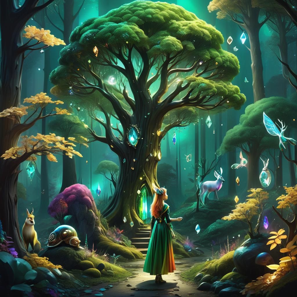 Enchanted Forest with Crystal Snail and Rainbow Trees