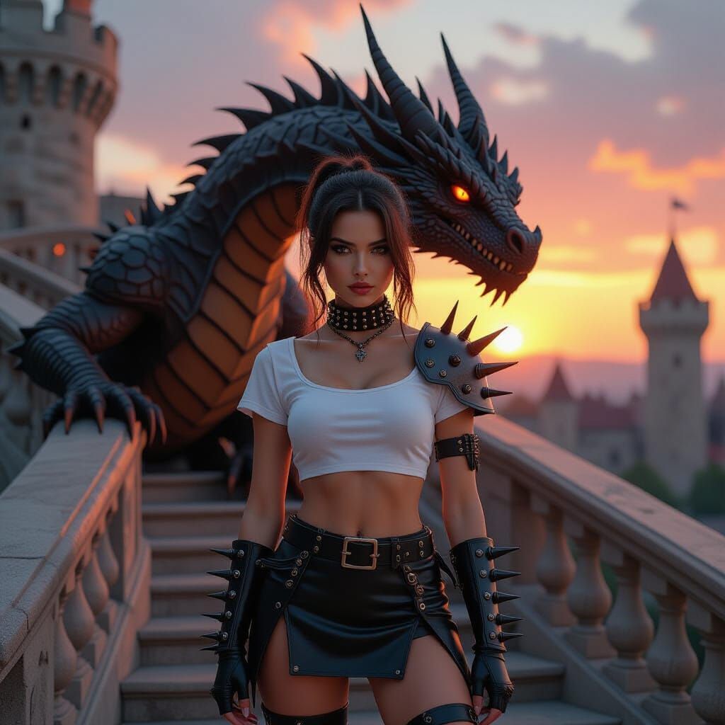 Punk Goth Warrior and Dragon in Photorealistic Style