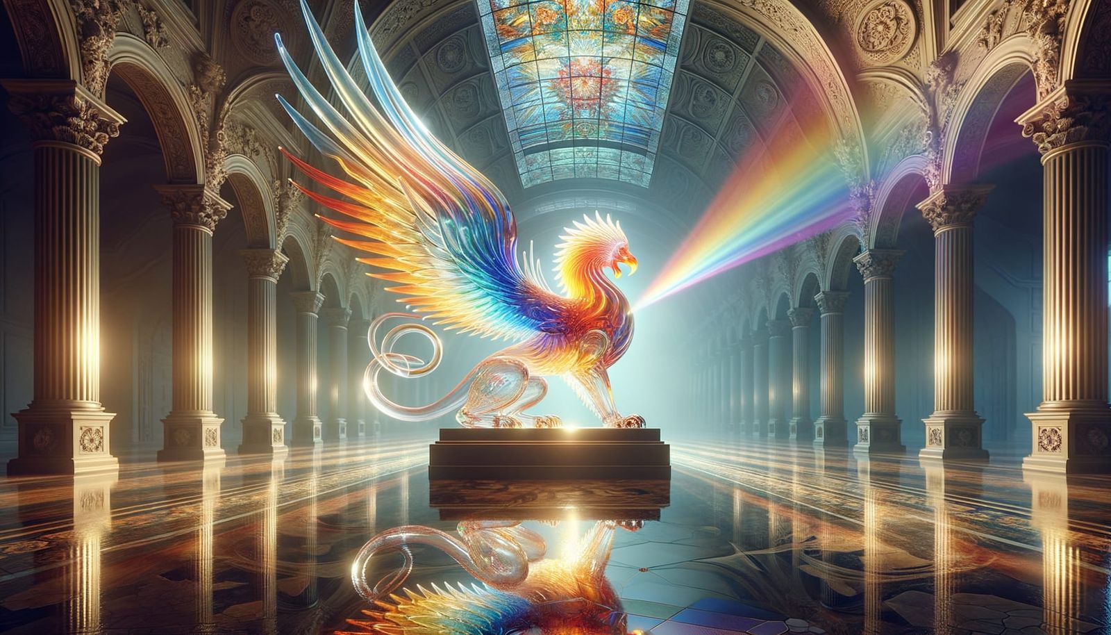 Luminous Glass Griffin Sculpture with Prismatic Light