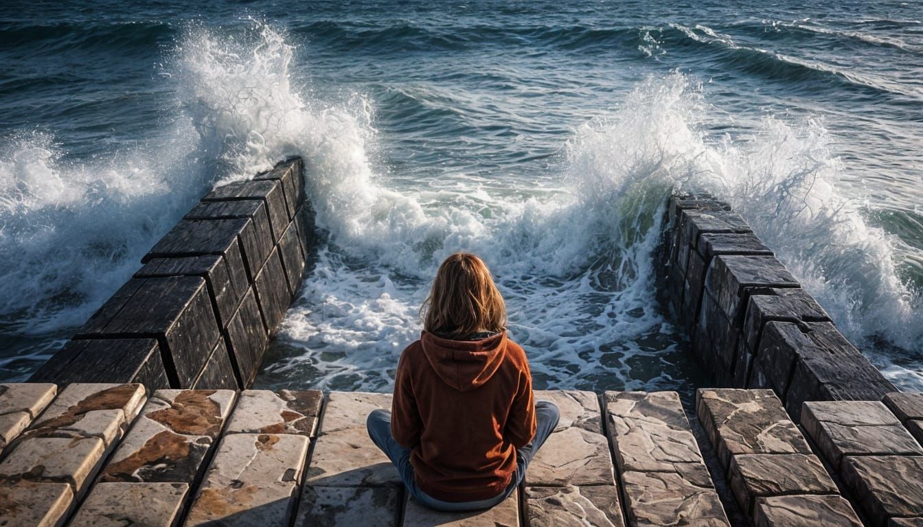 Woman in Red Hoodie on Breakwater, Botticelli Style