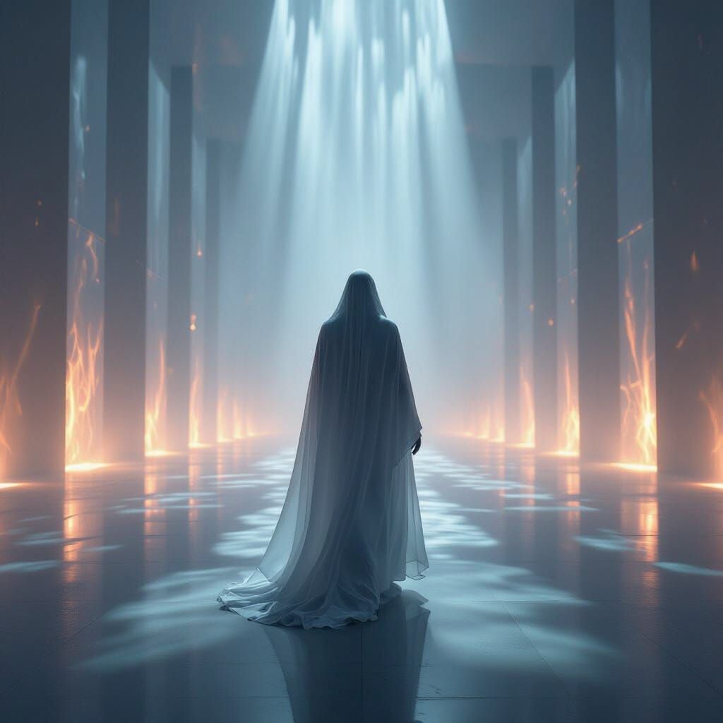 Lone Figure in Surreal Chamber of Light and Shadow