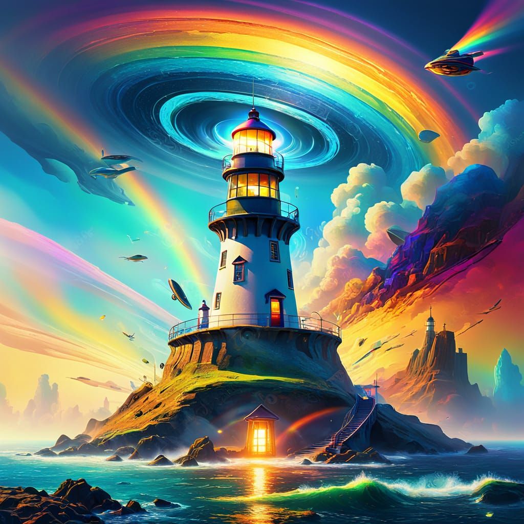 Surreal Spaceship at Lighthouse in Psychedelic Style