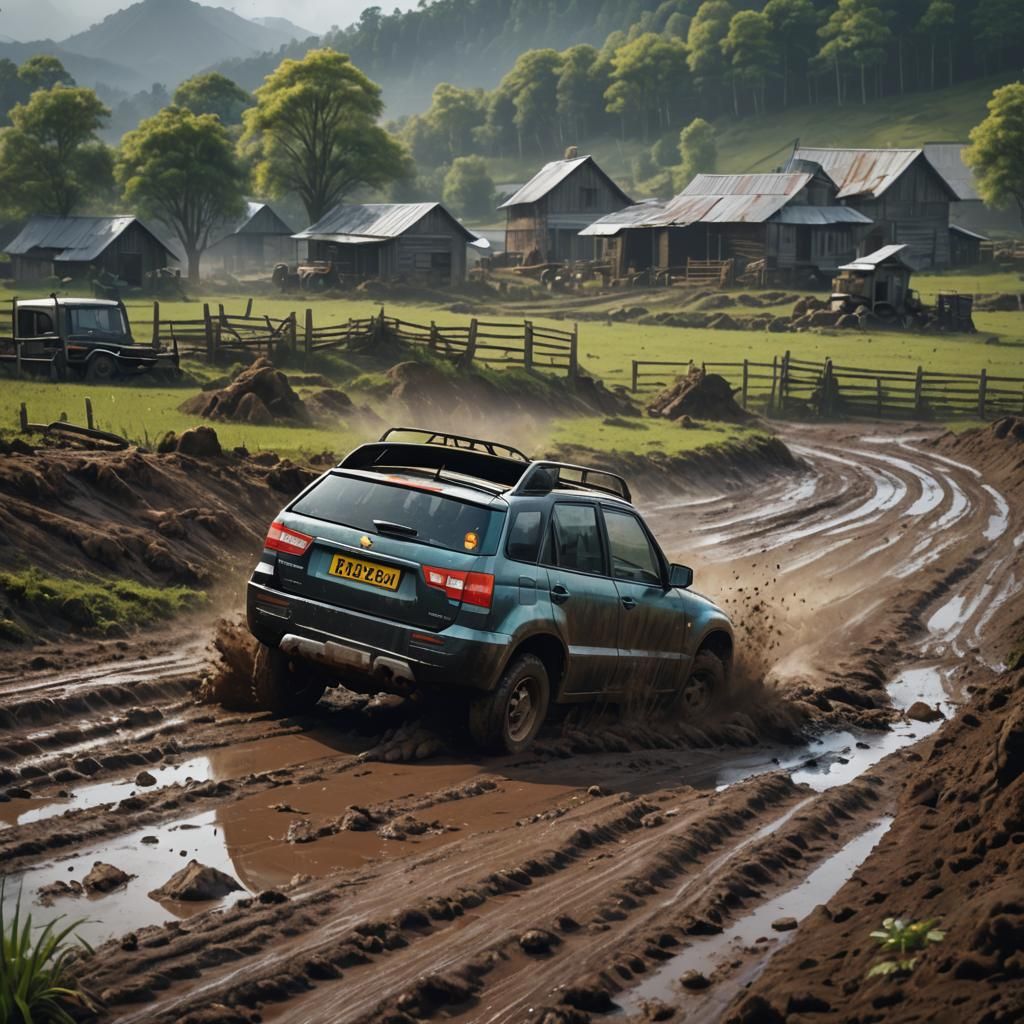 Suzuki Vitara 4WD on Muddy Farm: Detailed Matte Painting