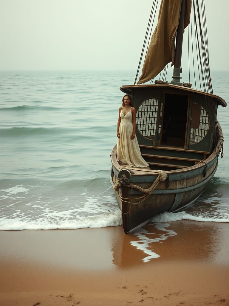 Serene Woman on Watership at Beach in Digital Painting Style