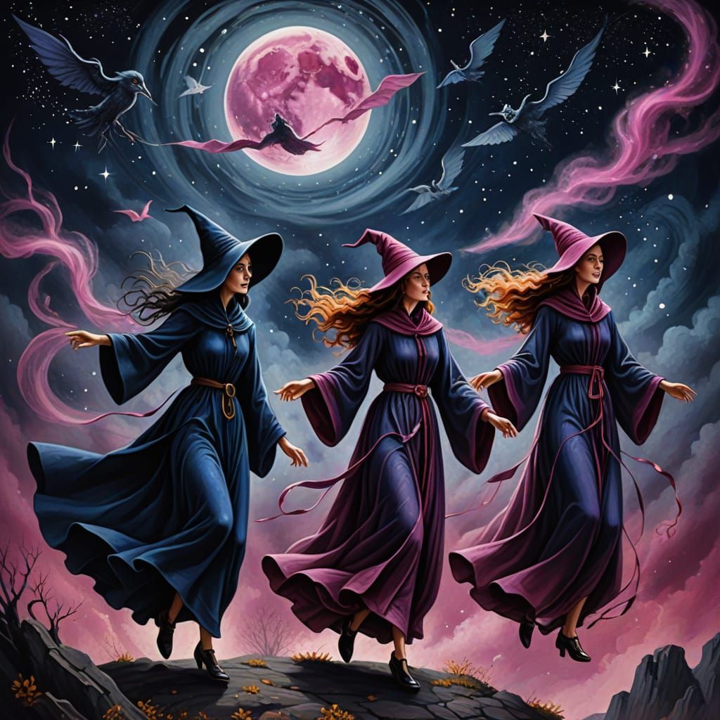 Witches Flying Through Cosmic Night Sky in Surreal Style