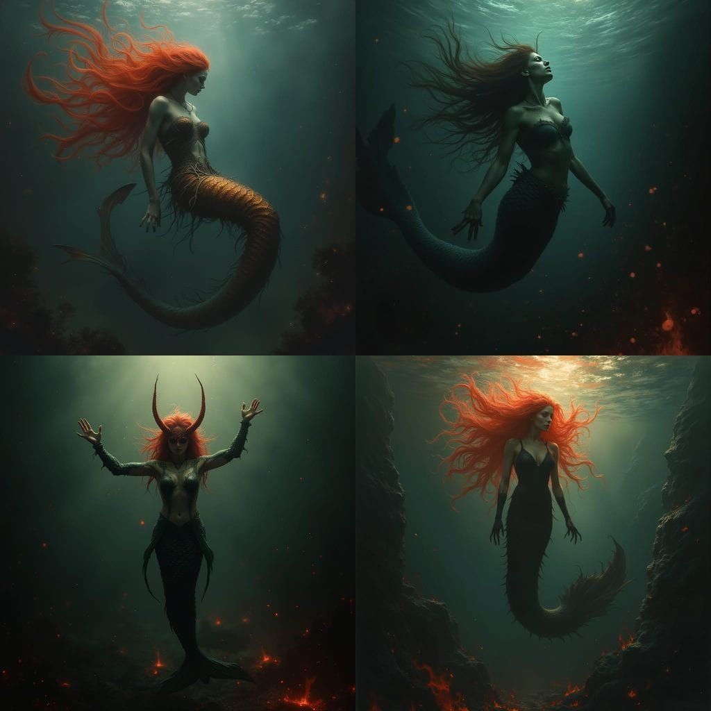 Fiery Vampire Mermaid in a Hellish Underwater Realm