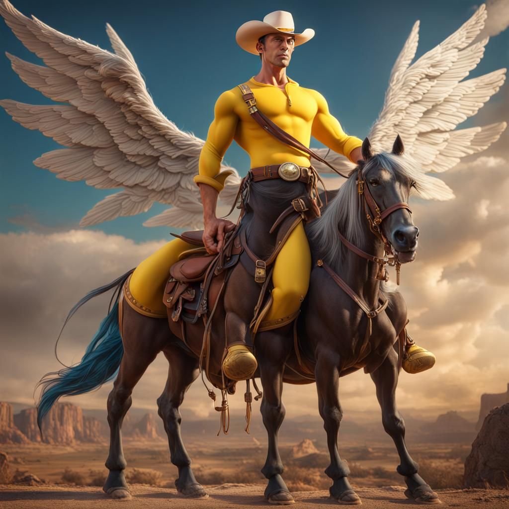 Winged Mystical Male as Lucky Luke: Hyperrealistic Art