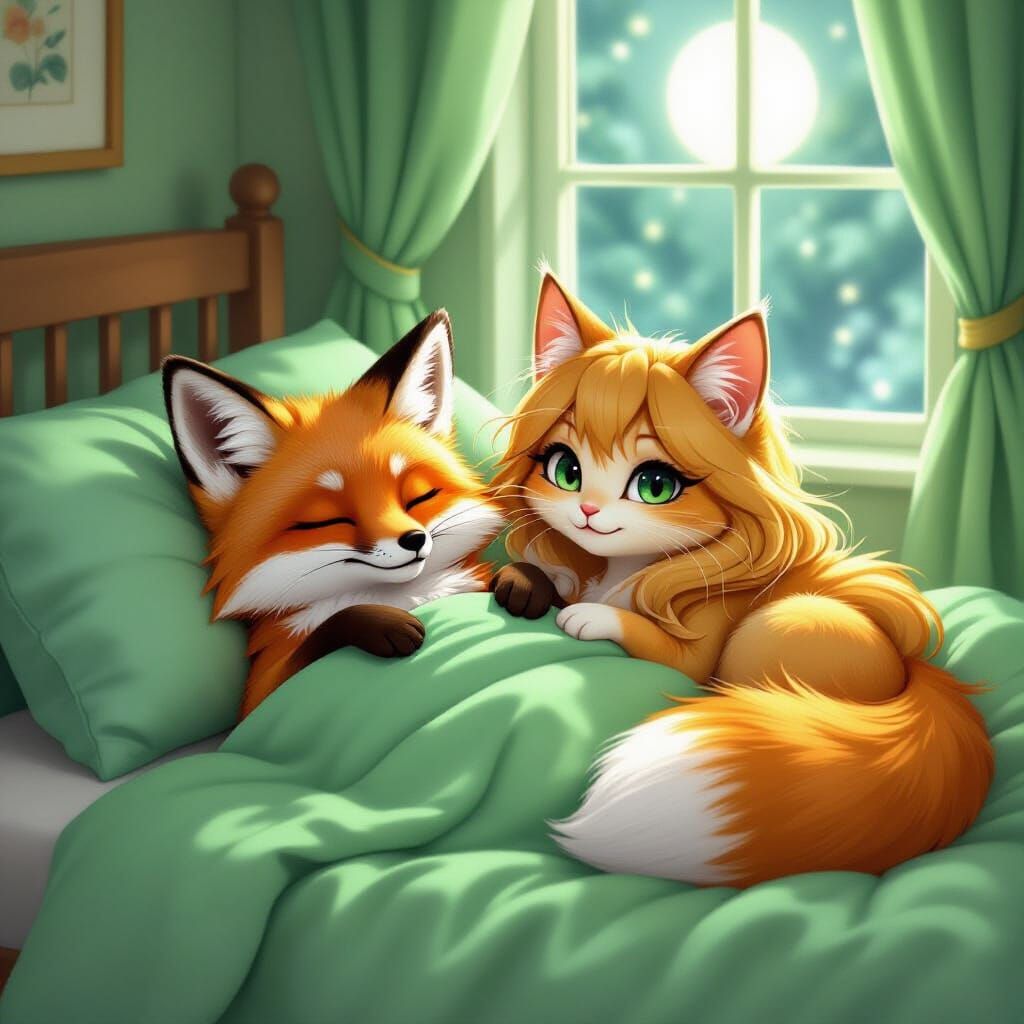 Red Fox Asleep with Cat Girl in Fantasy Style
