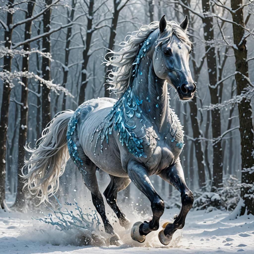 Majestic Water Horse Galloping Through Snowy Forest