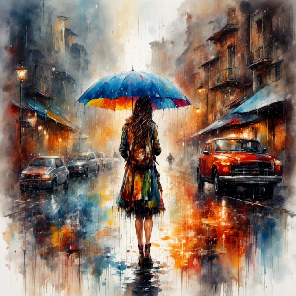 Colorful Rainy Day Street Art Illustration