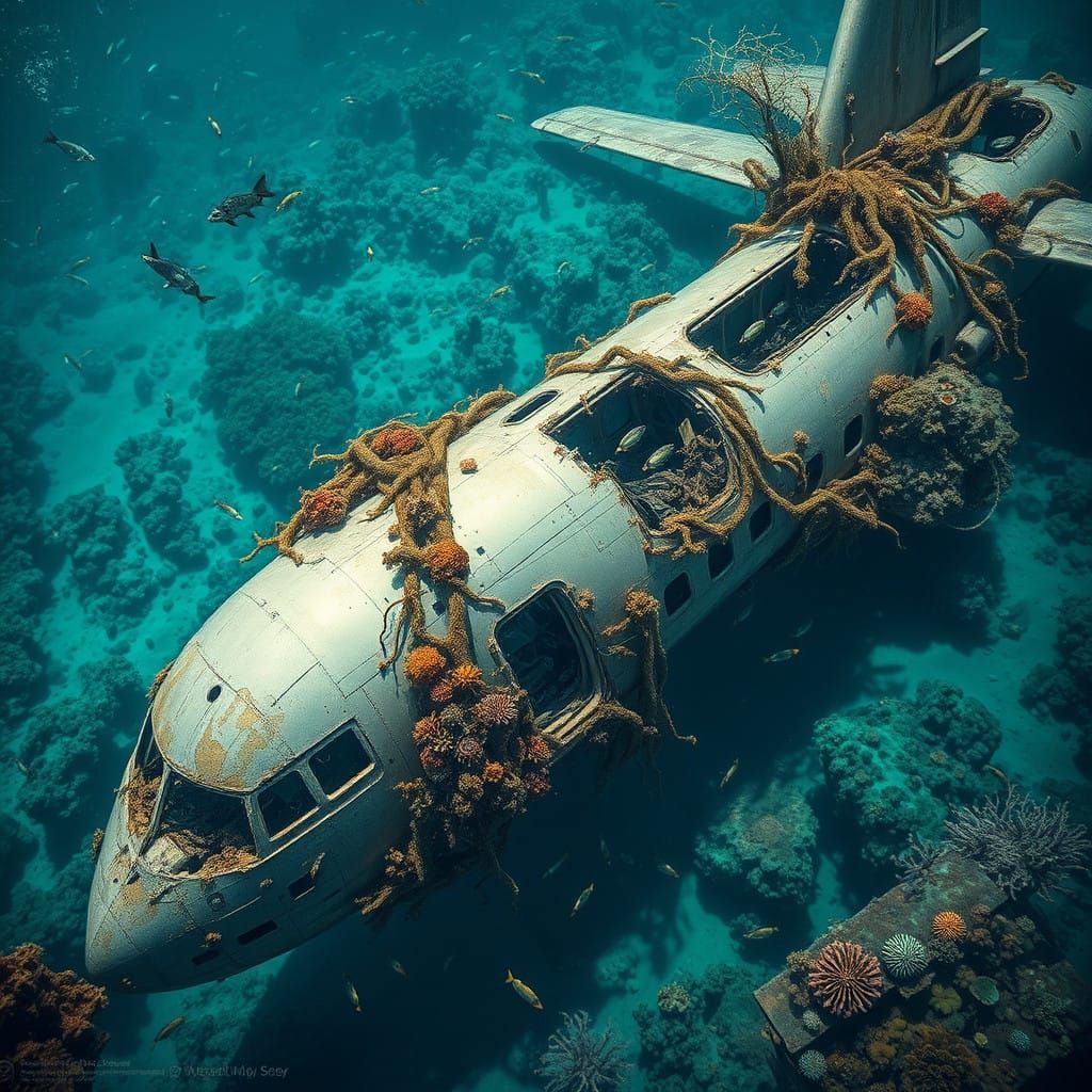 Abandoned Airplane in Ocean Reef as Surreal Underwater Lands...