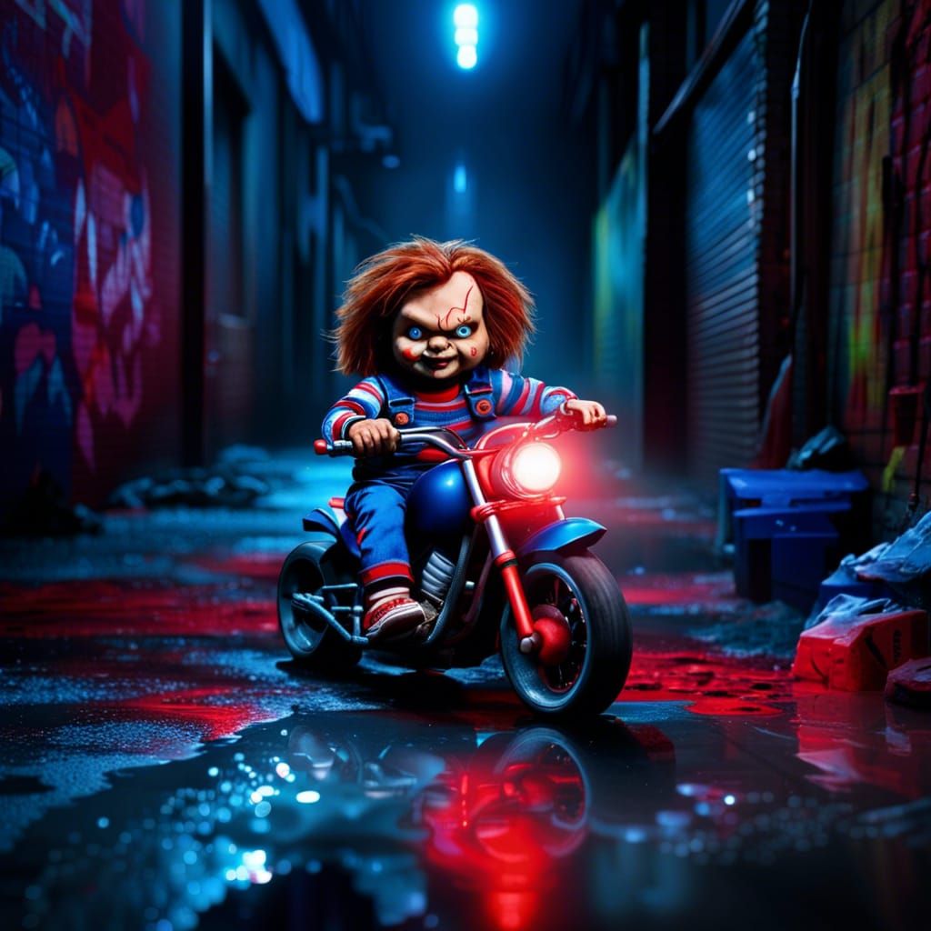 Chucky Rides a Motorcycle in a Neon Alley