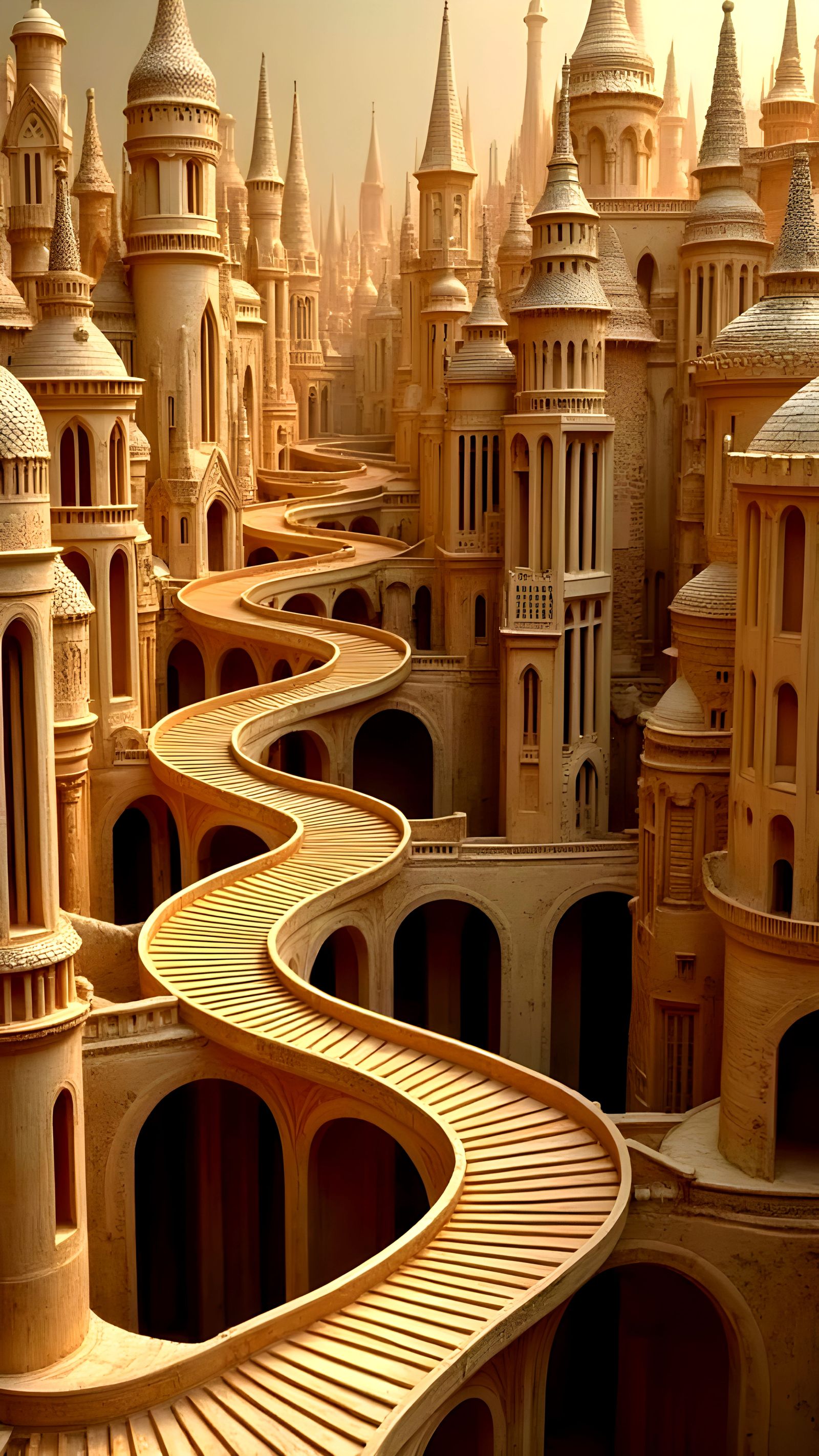 Escher-Inspired Cityscape Wood Carving