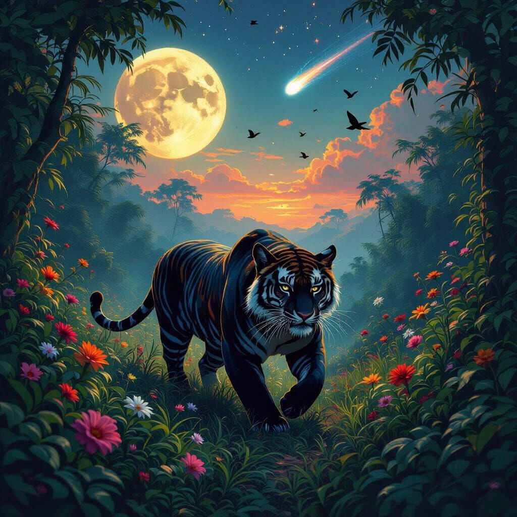 Panther-Tiger Hybrid Roaming Jungle in Dreamy Digital Art