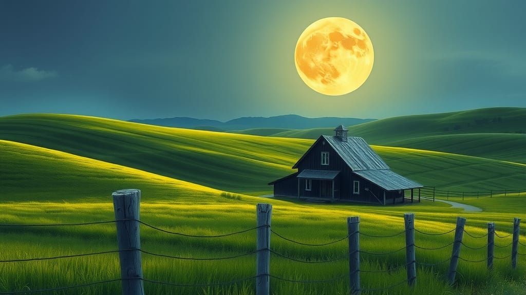 Rustic Farmhouse Under Pale Moon in Impressionistic Style