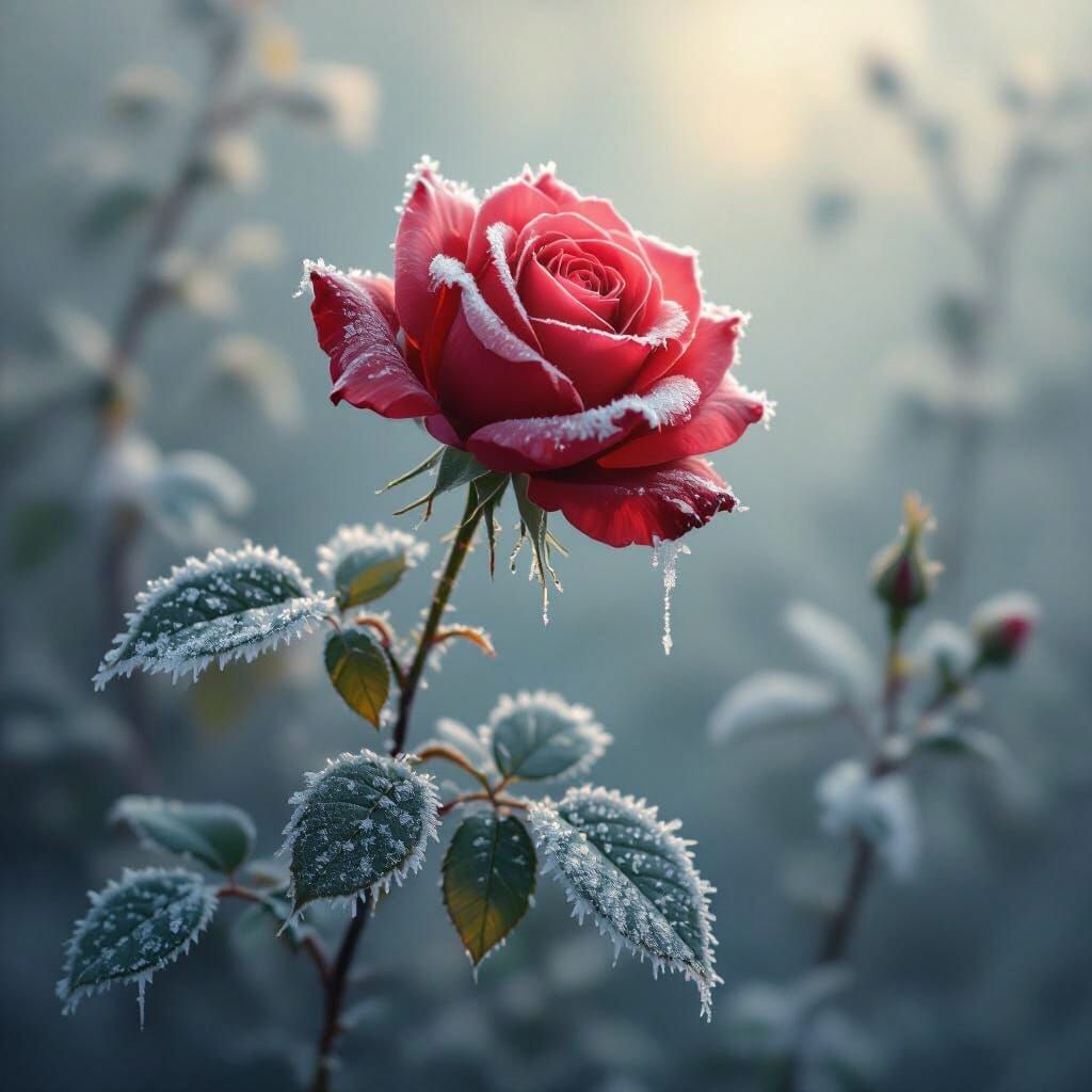 Frost Kissed Red Rose in Dreamy Landscape