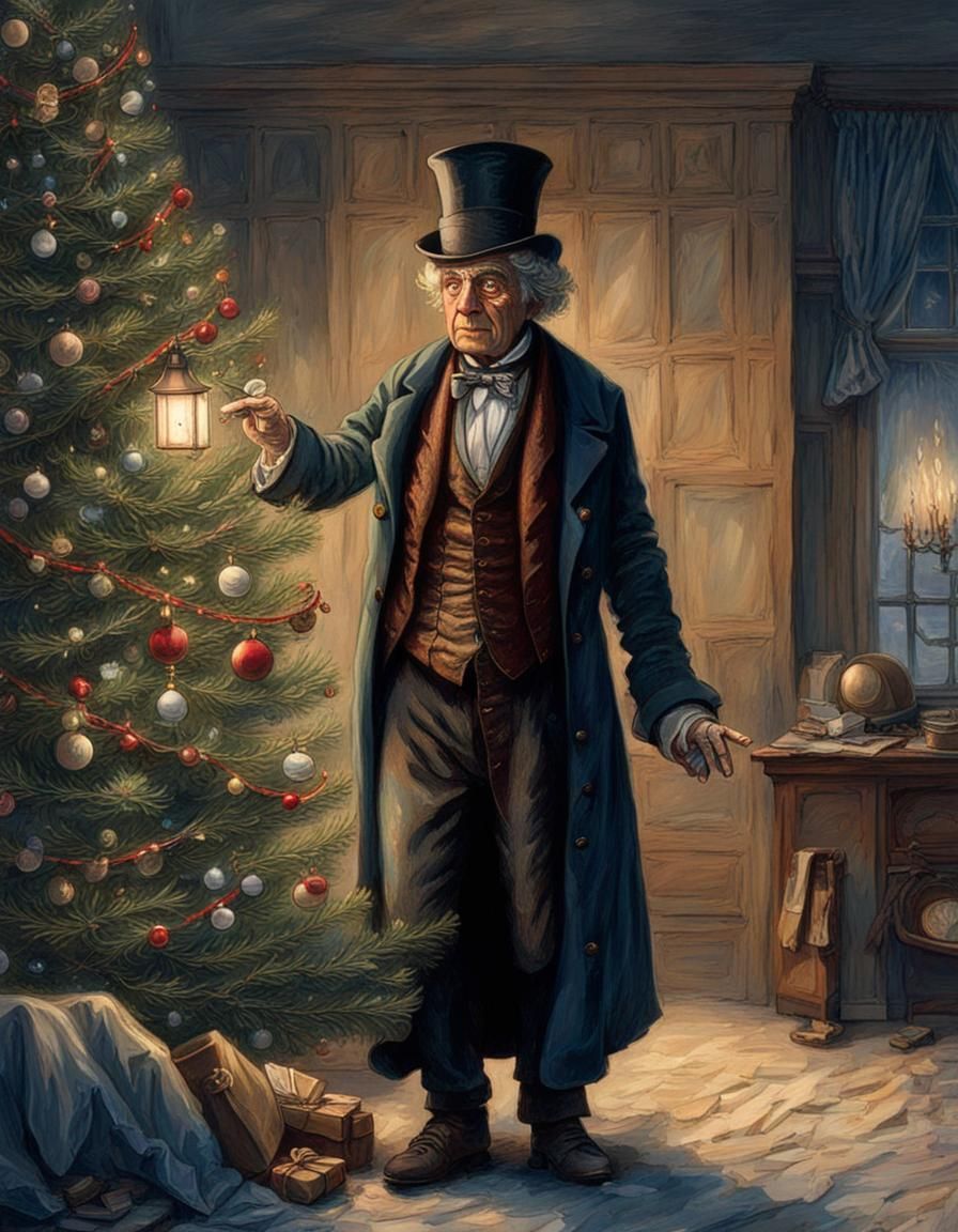 Victorian Scrooge with Christmas Tree in Night