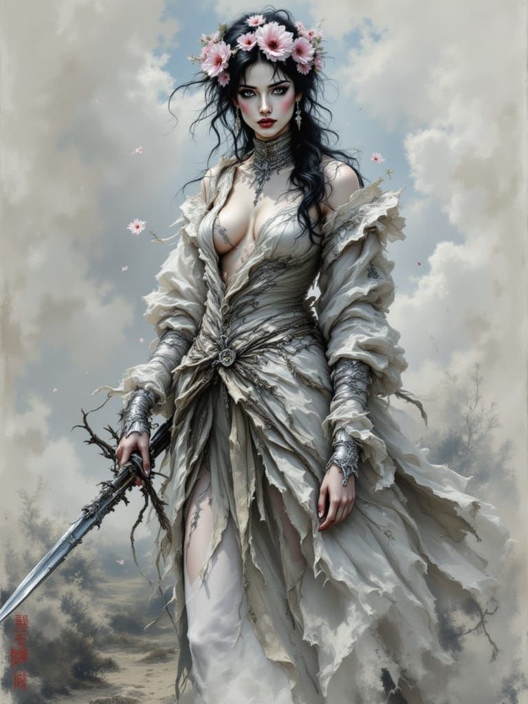 Woman Blooming After Hardship in Rococo Ink Style