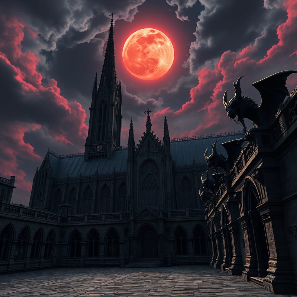 Gothic Cathedral Silhouetted Against Blood-Red Moon, Gargoyl...