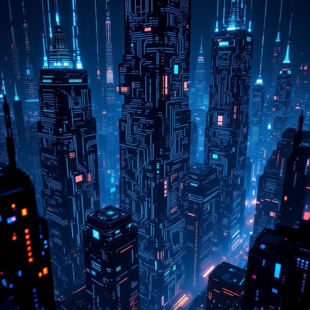 Cyberpunk Metropolis Built from Circuit Boards
