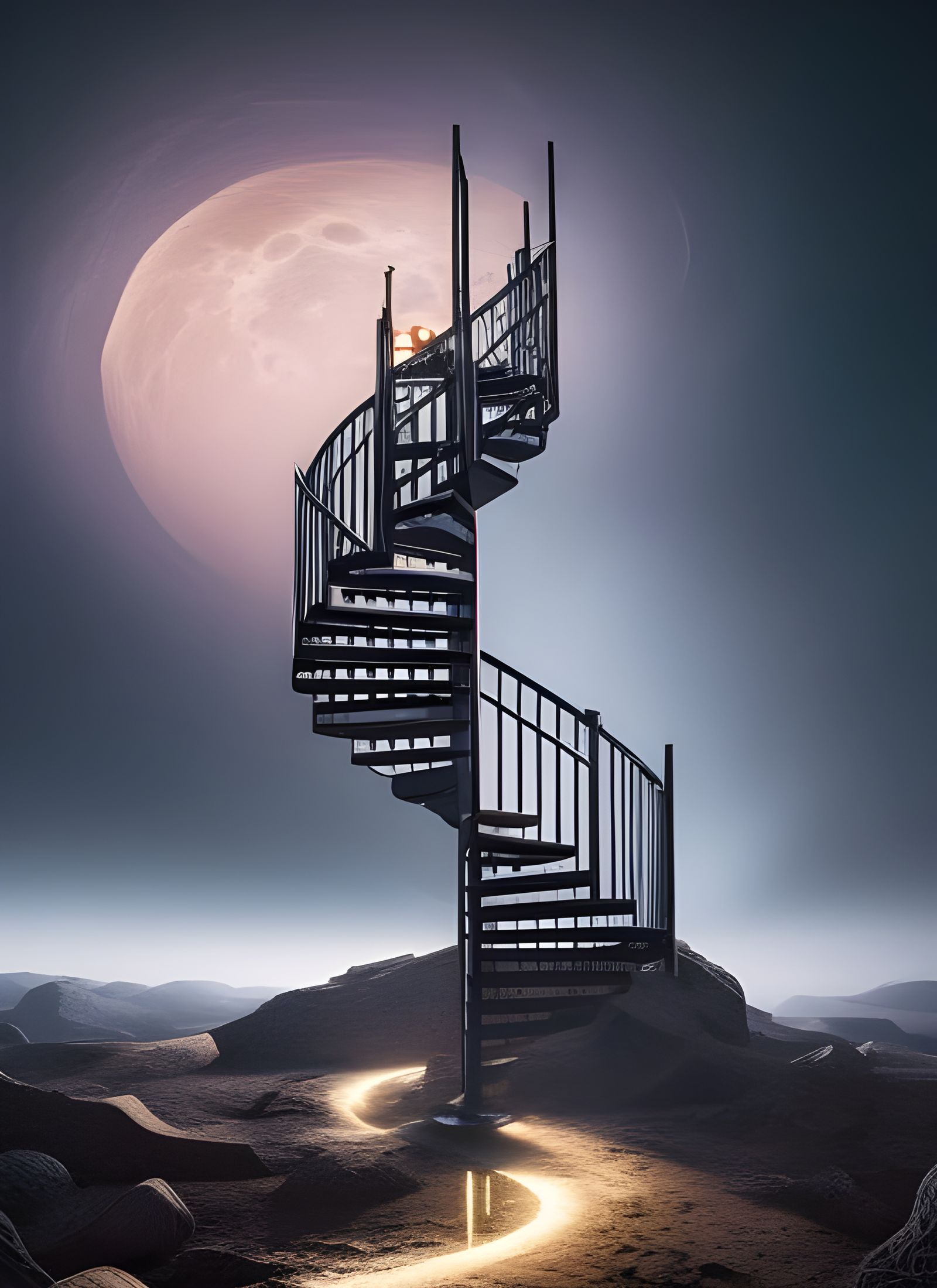 Surreal Lunar Staircase in Romantic Style