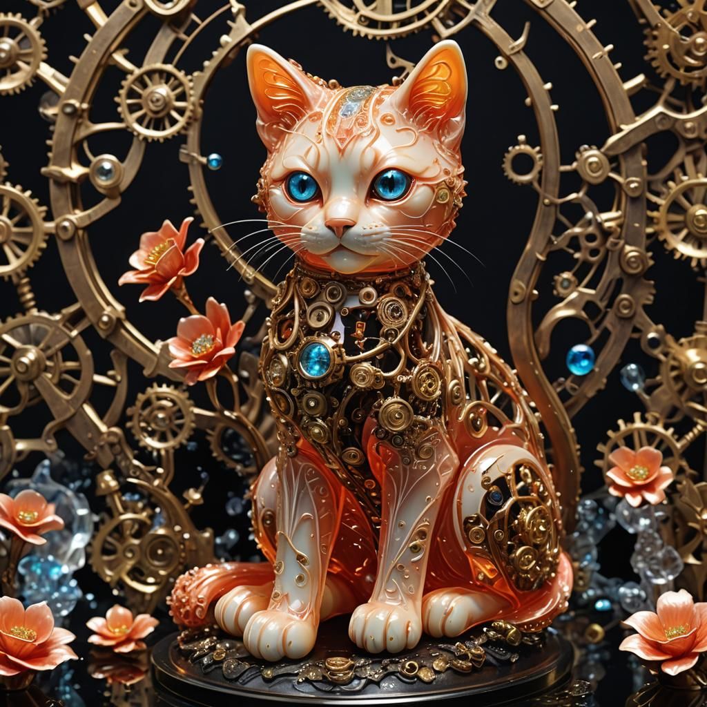 Bioluminescent Glass Cat Sculpture in Steampunk Setting