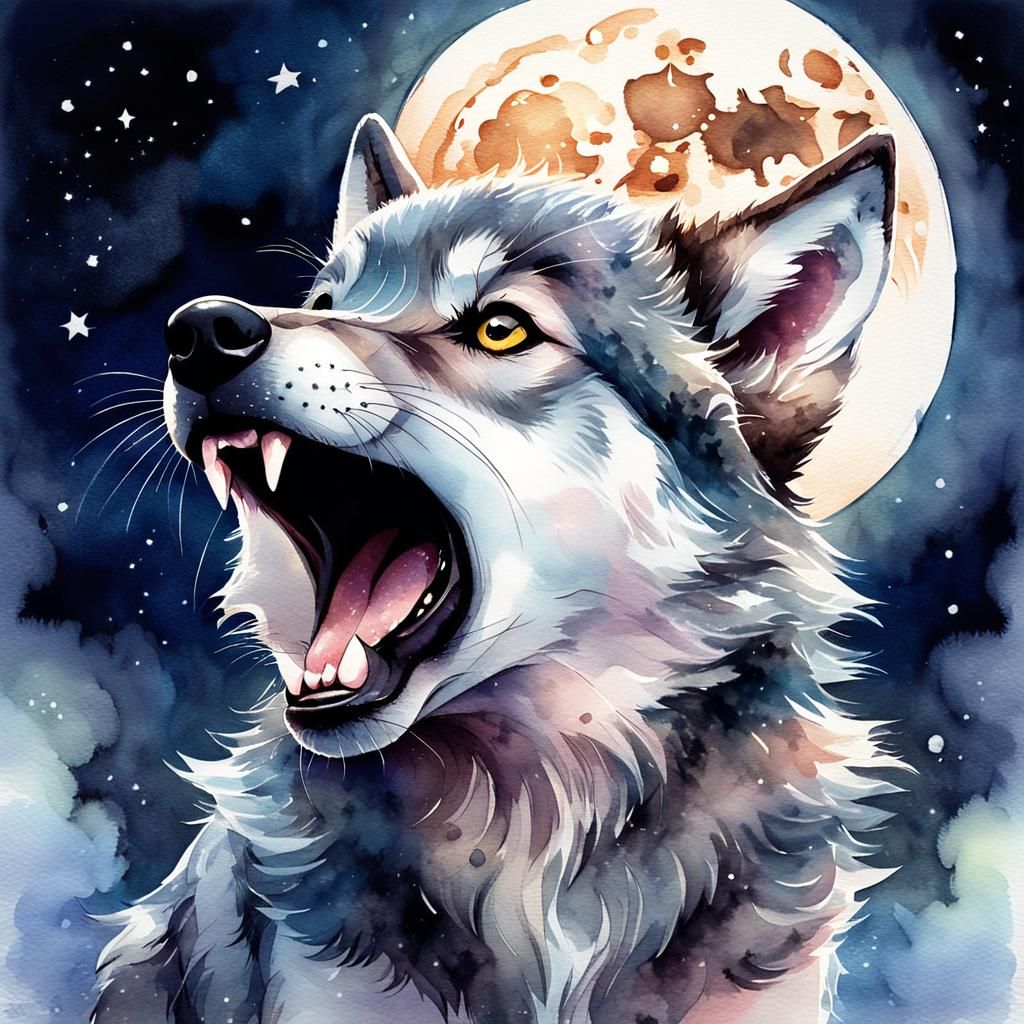 Vampire Wolf Puppy Howling at Moon in Watercolor