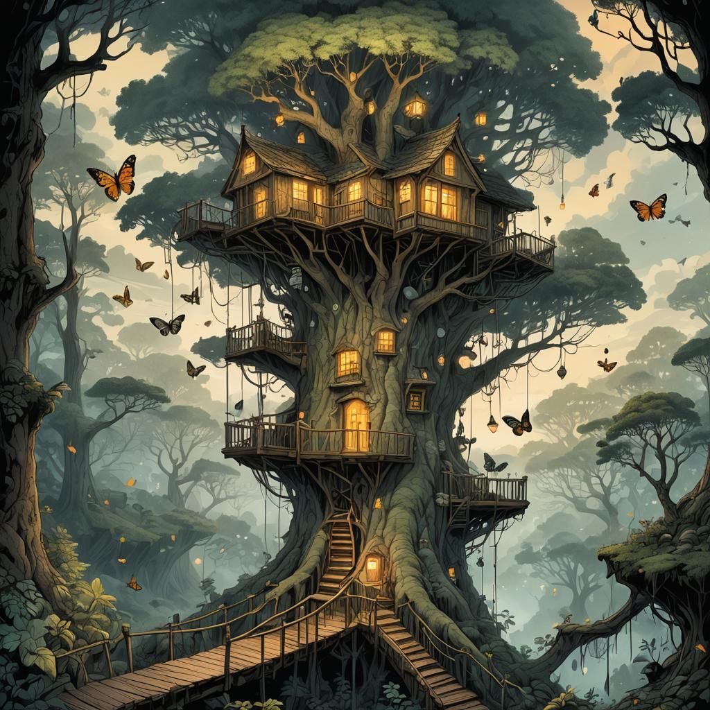 Eerie Treehouse at Dawn: Surreal Hand-Drawn Illustration