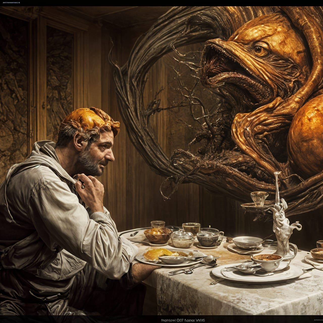 Hyperrealistic Waiter Serving Dinner in Ornate Style