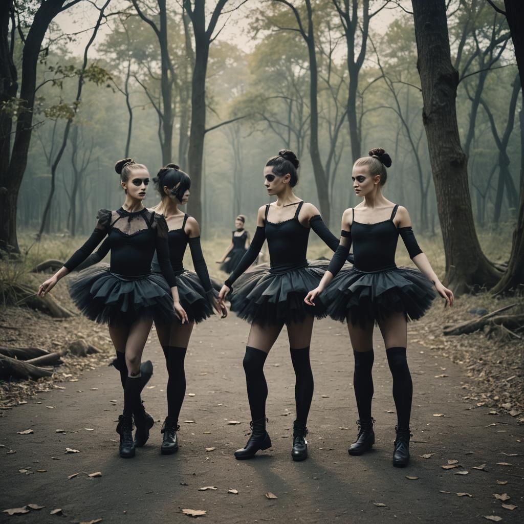 Gothic Ballerinas in Black Tutus: Cinematic Film Still