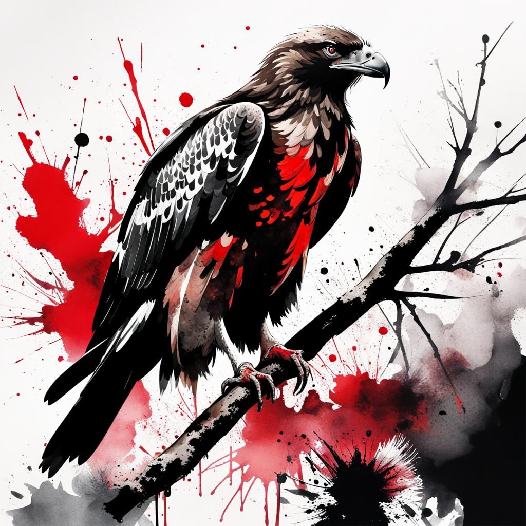 Buzzard Cawing on Branch in Trash Polka Style