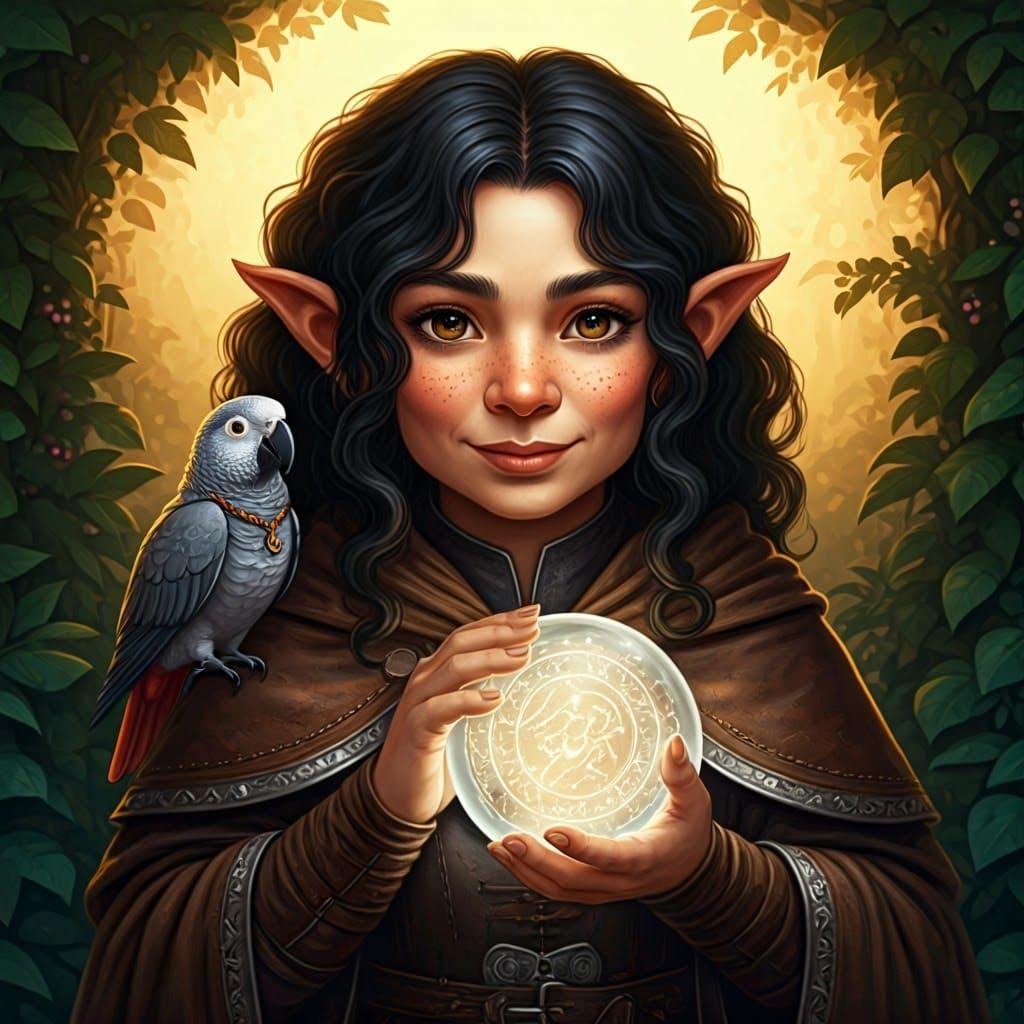 Halfling witch with grey parrot as her magical animal compan...
