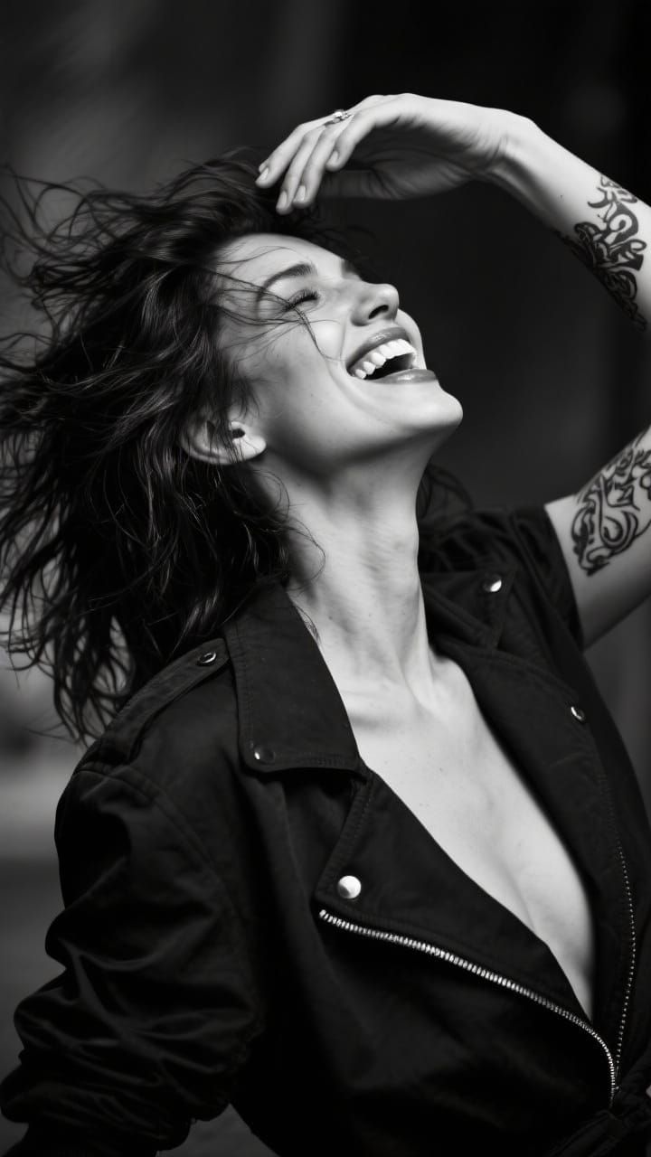 Woman's Joyful Portrait in Black and White