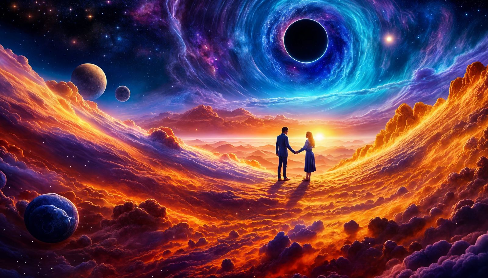 Sun Man and Moon Woman Embrace in Space