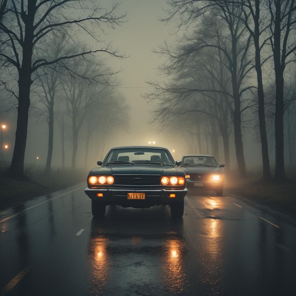 Misty Evening Scene with Car Headlights, Cinematic Film Stil...