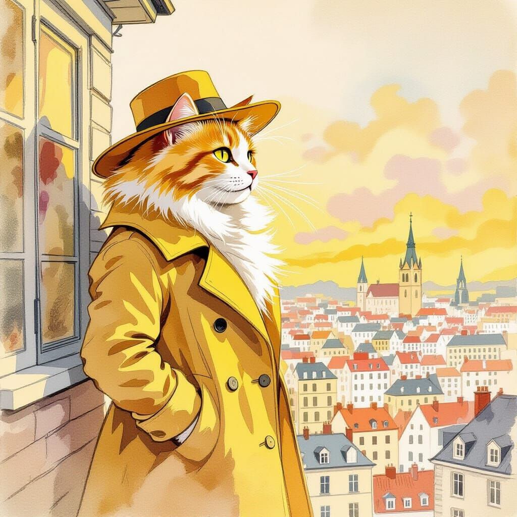 Giant Cat in Vintage Coat Overlooking Cityscape