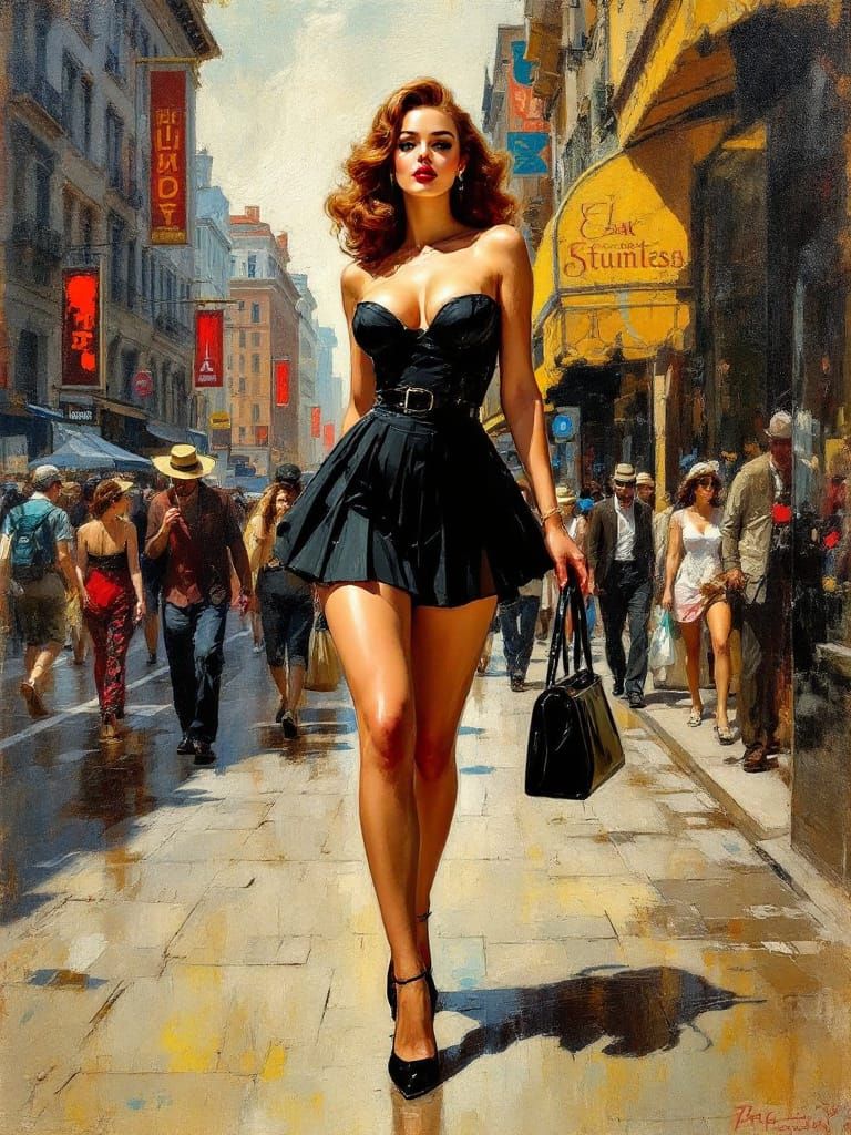 Bold Pin-Up Woman on City Sidewalk