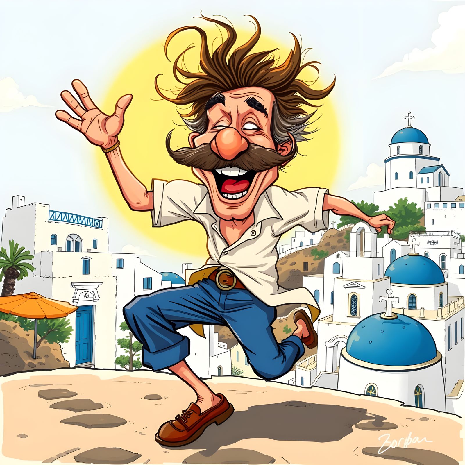 Greek Island Dance Party in Exaggerated Cartoon Style